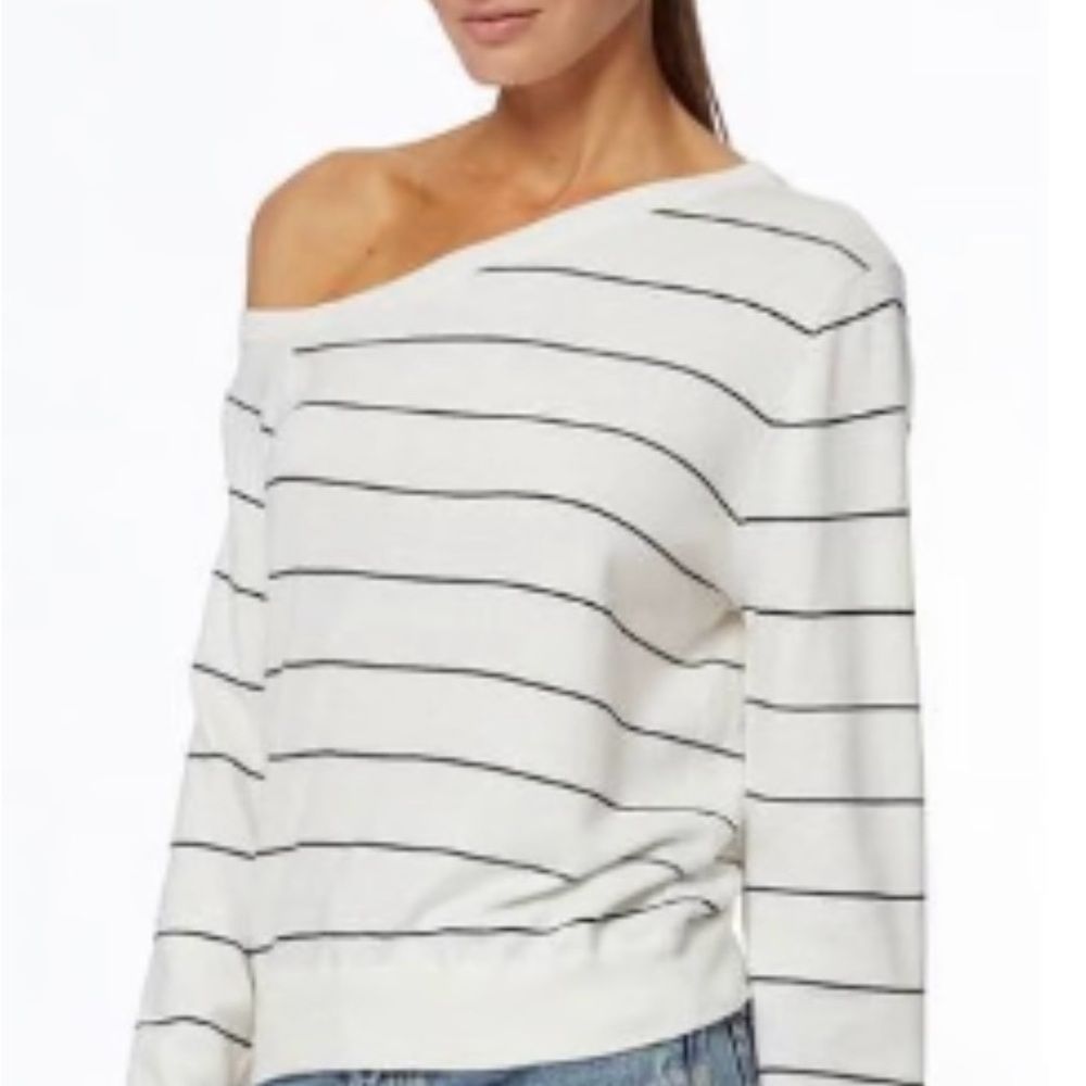 360 Cashmere off the shoulder White and Black Striped Sweater